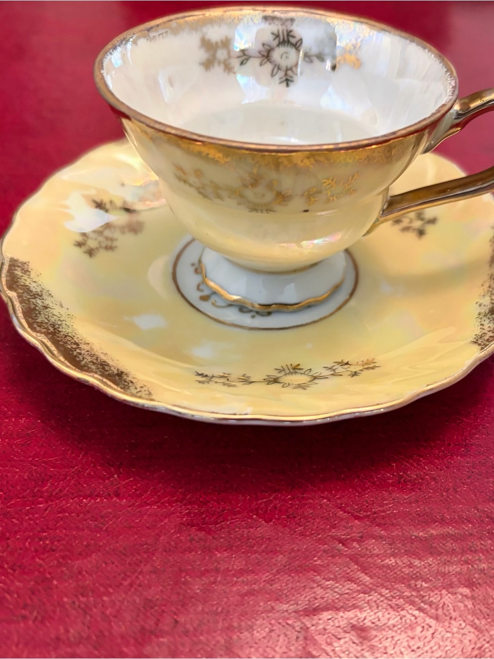 Fairyland Vintage Elegant Yellow Porcelain Teacup and Saucer with Gold Trim